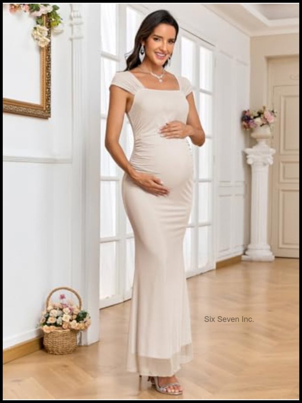 Maternity Maxi Dress Ruched Mesh Bodycon Sleeveless Mermaid - Picture 2 of 6